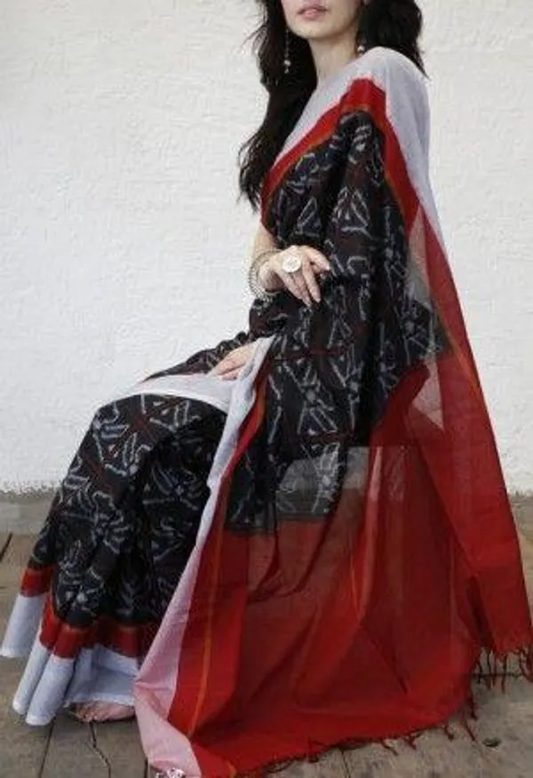 Divine Red and Black Color Cotton Linen Saree With Unstitched Blouse Piece For Women
