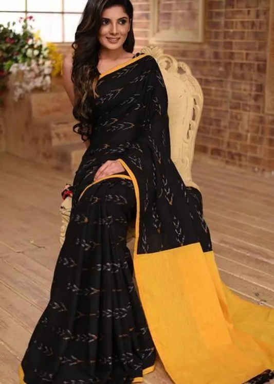 Alluring Black and Yellow Color Cotton Linen Saree With Unstitched Blouse Piece For Women