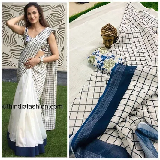 Radiant White Color Cotton Linen Saree With Unstitched Blouse Piece For Women