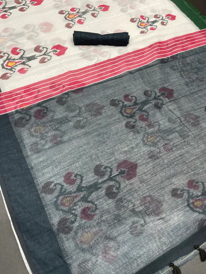 Enchanting White and Black Color Cotton Linen Saree With Unstitched Blouse Piece For Women