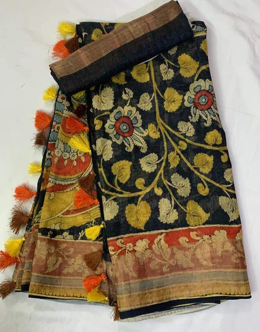 Luxurious Black Color Cotton Linen Saree With Unstitched Blouse Piece For Women