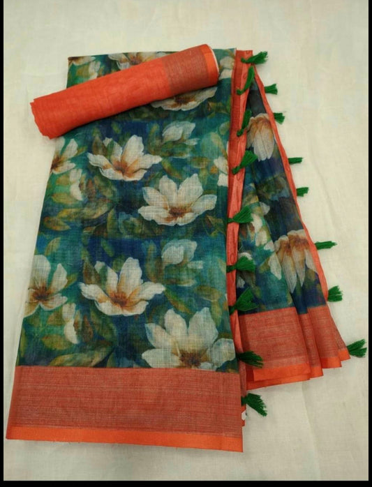 Royal Green and Orange Color Cotton Linen Saree With Unstitched Blouse Piece For Women