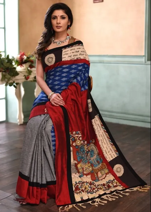Exquisite Blue and Red Color Cotton Linen Saree With Unstitched Blouse Piece For Women