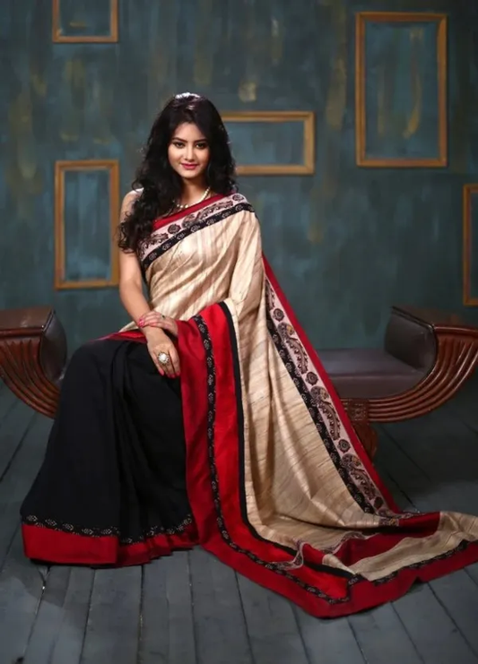 Sophisticated Black and Beige Color Cotton Linen Saree With Unstitched Blouse Piece For Women
