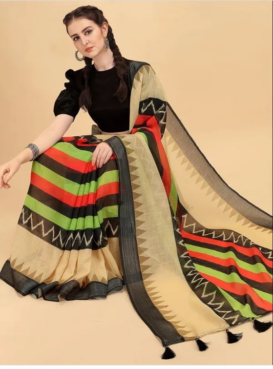 Divine Multi Color Cotton Linen Saree With Unstitched Blouse Piece For Women
