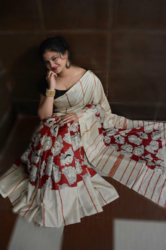 Luxurious White and Red Color Cotton Linen Saree With Unstitched Blouse Piece For Women
