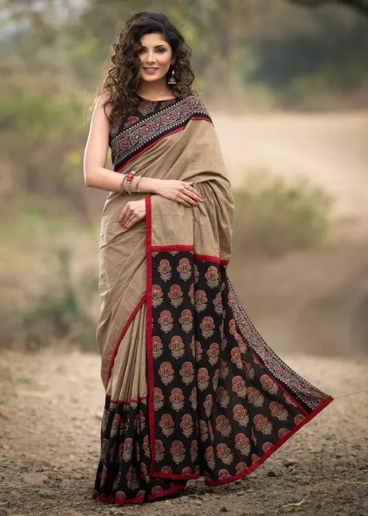 Graceful Brown Color Cotton Linen Saree With Unstitched Blouse Piece For Women