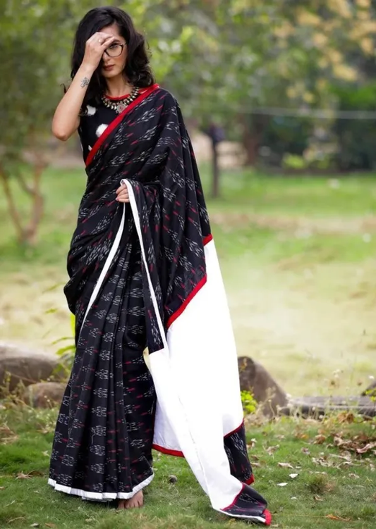 Graceful White and Black Color Cotton Linen Saree With Unstitched Blouse Piece For Women