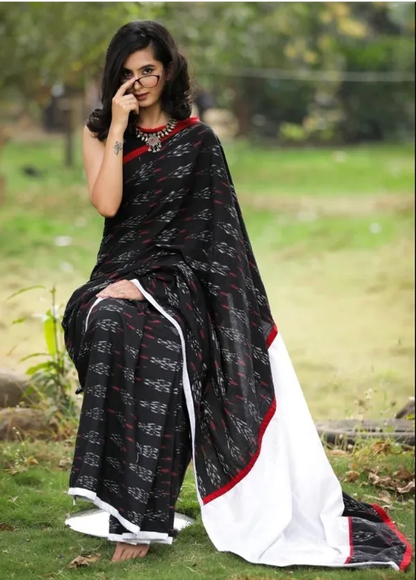 Graceful White and Black Color Cotton Linen Saree With Unstitched Blouse Piece For Women