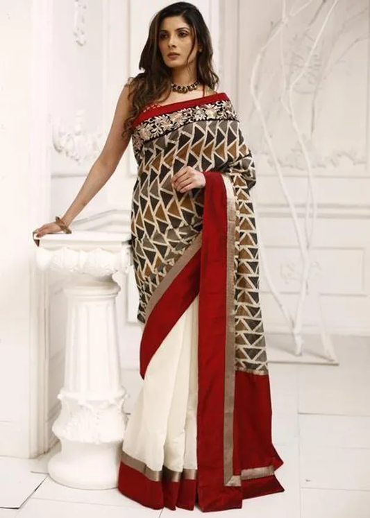 Gorgeous White and Red Color Cotton Linen Saree With Unstitched Blouse Piece For Women