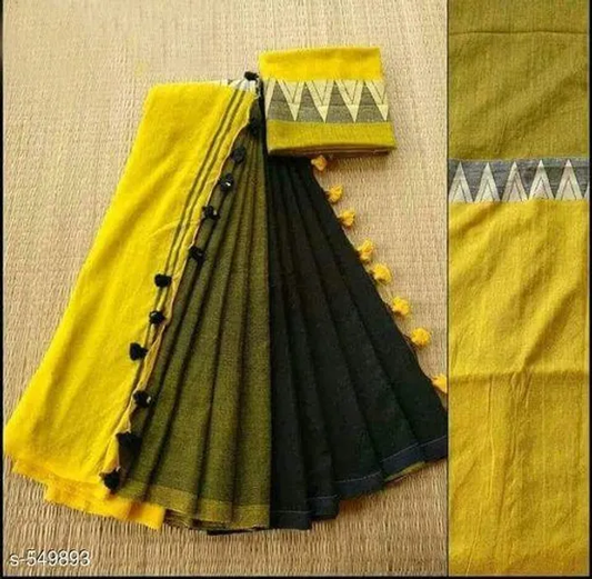 Regal Yellow and Green Color Cotton Linen Saree With Unstitched Blouse Piece For Women
