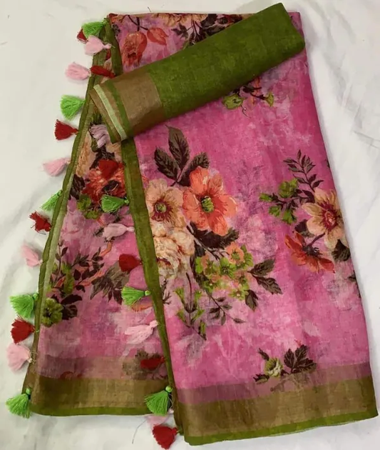Traditional Pink and Green Color Cotton Linen Saree With Unstitched Blouse Piece For Women