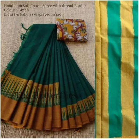 Majestic Green and Gold Color Cotton Linen Saree With Unstitched Blouse Piece For Women