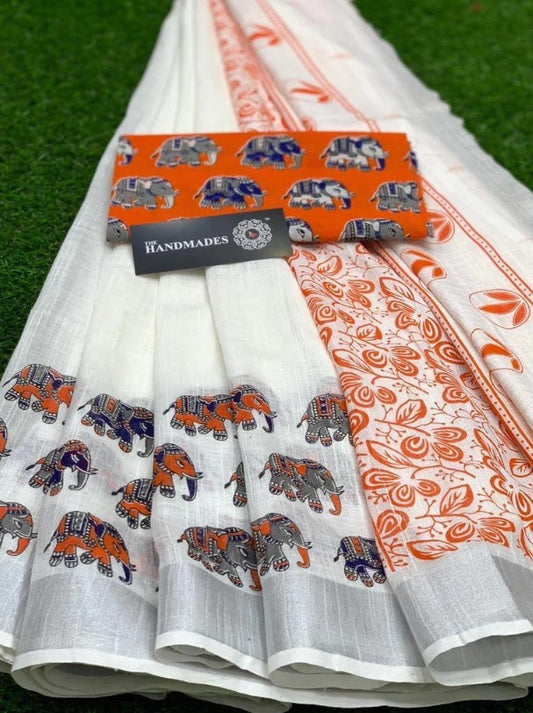 Classy White Color Cotton Linen Saree With Unstitched Blouse Piece For Women