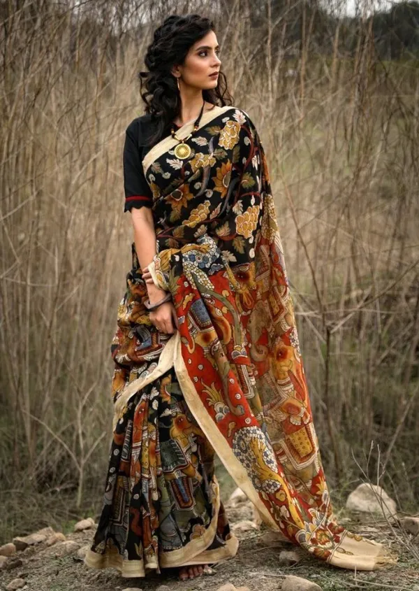 Stunning Black Color Cotton Linen Saree With Unstitched Blouse Piece For Women