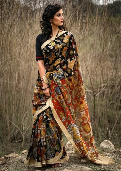 Stunning Black Color Cotton Linen Saree With Unstitched Blouse Piece For Women