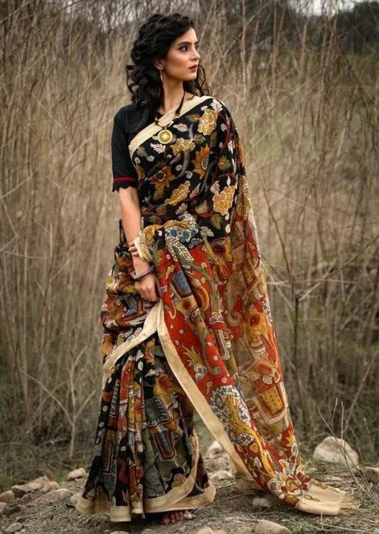Stunning Black Color Cotton Linen Saree With Unstitched Blouse Piece For Women