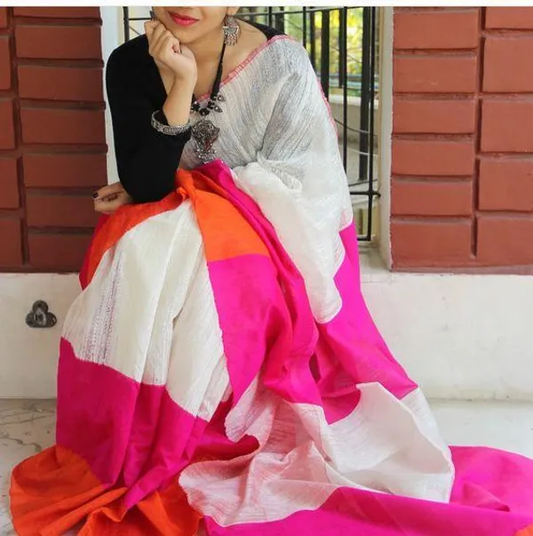 Luxurious White and Pink Color Cotton Linen Saree With Unstitched Blouse Piece For Women