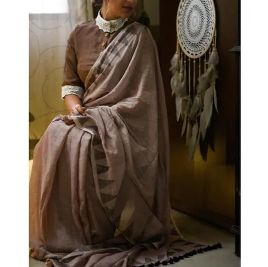 Ethereal Wine Color Cotton Linen Saree With Unstitched Blouse Piece For Women
