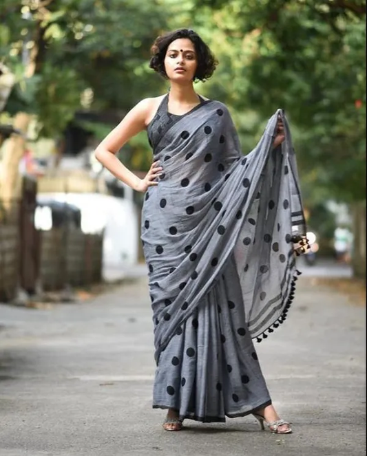 Classy Gray Color Cotton Linen Saree With Unstitched Blouse Piece For Women