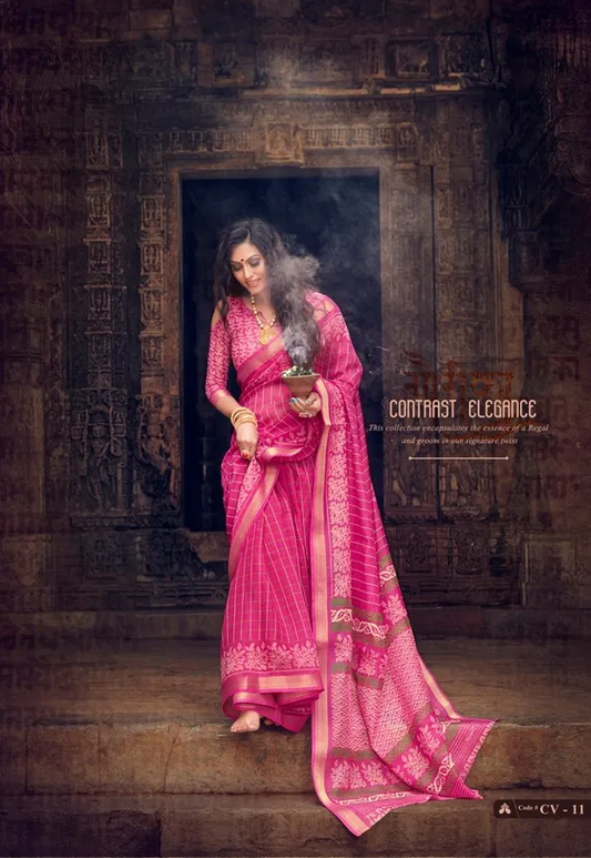 Glamorous Pink Color Cotton Linen Saree With Unstitched Blouse Piece For Women