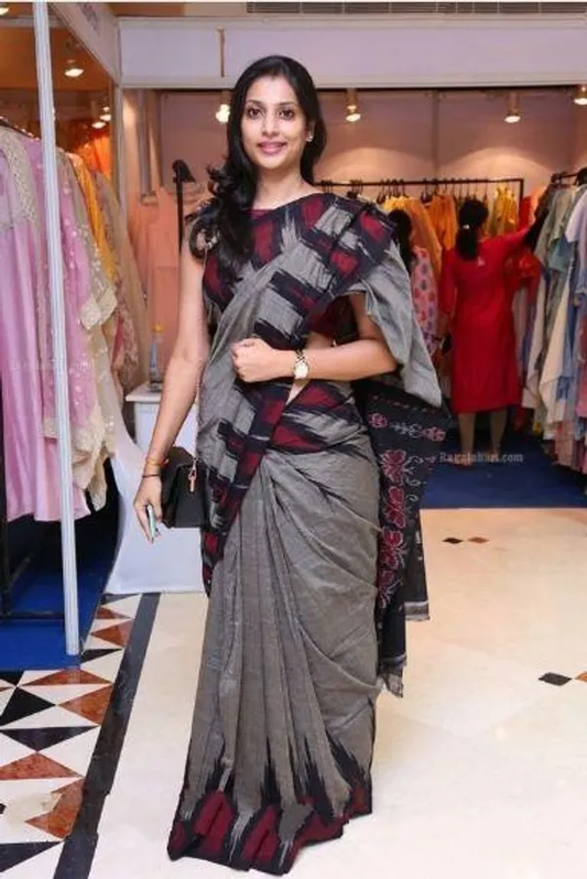Royal Gray and Red Color Cotton Linen Saree With Unstitched Blouse Piece For Women
