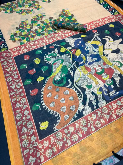 Vibrant Multi Color Cotton Linen Saree With Unstitched Blouse Piece For Women
