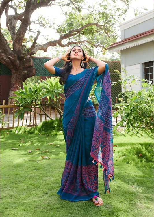 Classy Blue Color Cotton Linen Saree With Unstitched Blouse Piece For Women