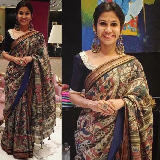 Divine Multi Color Cotton Linen Saree With Unstitched Blouse Piece For Women