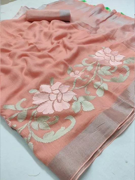 Luxurious Orange Color Cotton Linen Saree With Unstitched Blouse Piece For Women