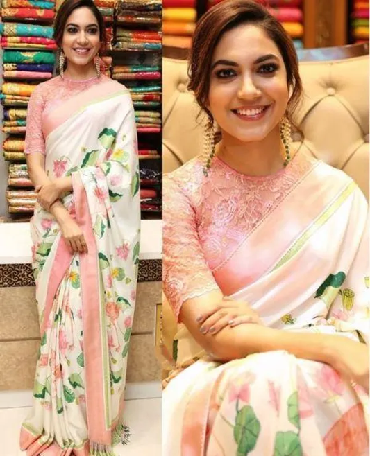 Divine  White and Pink Color Cotton Linen Saree With Unstitched Blouse Piece For Women