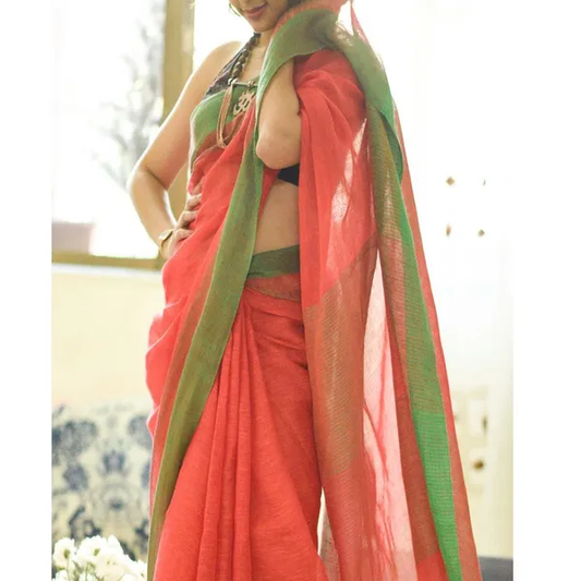 Exquisite Orange Color Cotton Linen Saree With Unstitched Blouse Piece For Women