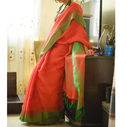 Exquisite Orange Color Cotton Linen Saree With Unstitched Blouse Piece For Women