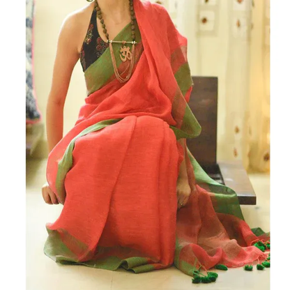 Exquisite Orange Color Cotton Linen Saree With Unstitched Blouse Piece For Women