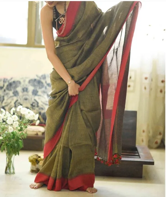 Vibrant Green Color Cotton Linen Saree With Unstitched Blouse Piece For Women