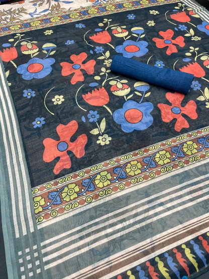 Regal multi Color Cotton Linen Saree With Unstitched Blouse Piece For Women