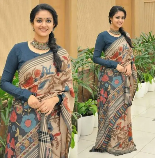 Regal multi Color Cotton Linen Saree With Unstitched Blouse Piece For Women