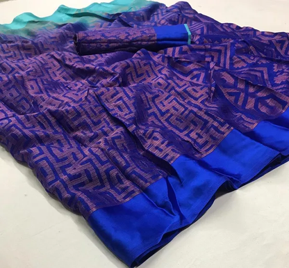 Majestic Blue Color Cotton Linen Saree With Unstitched Blouse Piece For Women