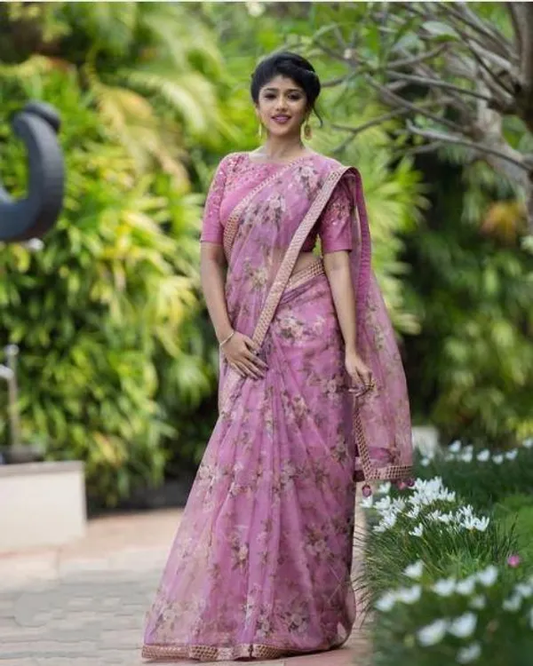 Vibrant Pink Color Cotton Linen Saree With Unstitched Blouse Piece For Women