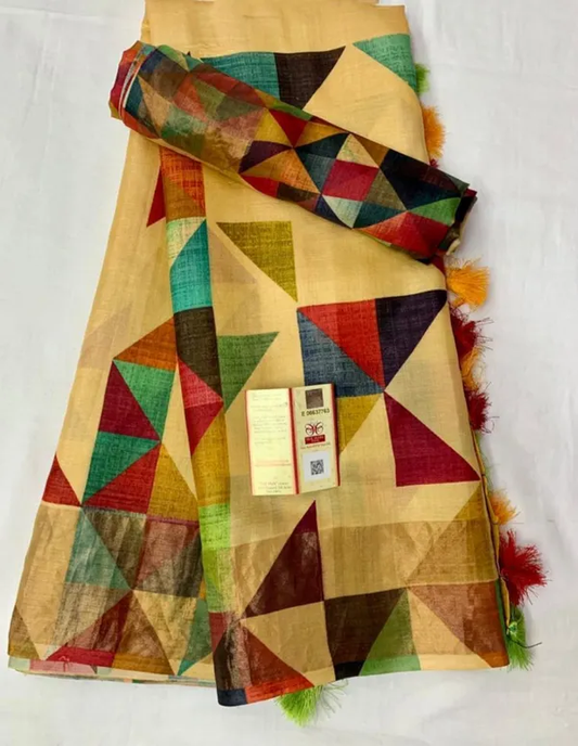 Traditional Multi Color Cotton Linen Saree With Unstitched Blouse Piece For Women