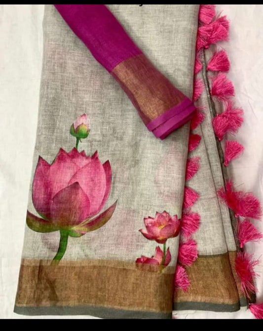Majestic Multi Color Cotton Linen Saree With Unstitched Blouse Piece For Women