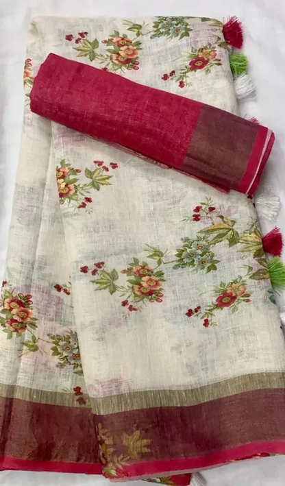 Royal White and Red Color Cotton Linen Saree With Unstitched Blouse Piece For Women