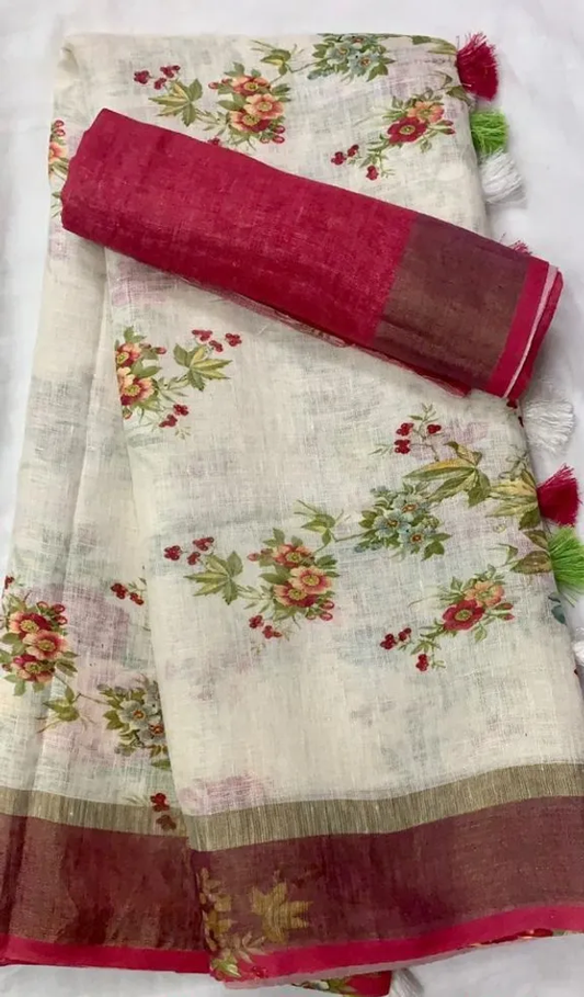 Royal White and Red Color Cotton Linen Saree With Unstitched Blouse Piece For Women