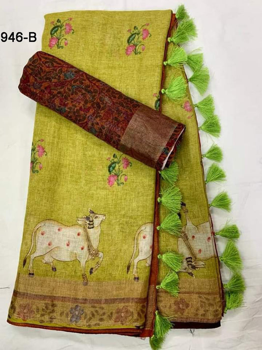 Timeless Yellow and Green Color Cotton Linen Saree With Unstitched Blouse Piece For Women