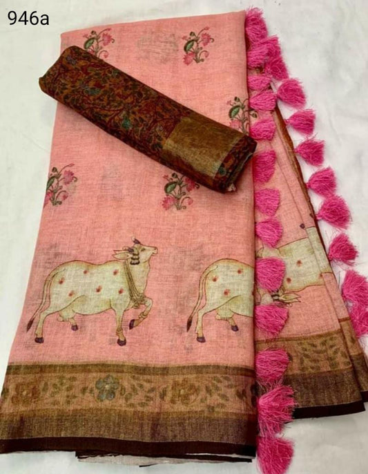 Ravishing Peach Color Cotton Linen Saree With Unstitched Blouse Piece For Women