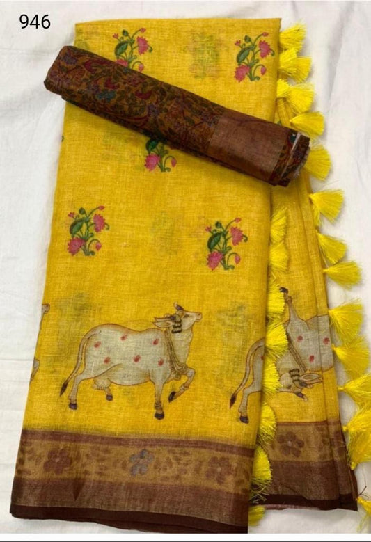 Divine Yellow Color Cotton Linen Saree With Unstitched Blouse Piece For Women