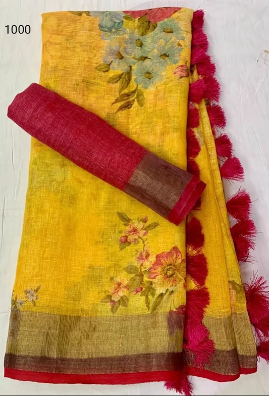 Glamorous Yellow Color Cotton Linen Saree With Unstitched Blouse Piece For Women