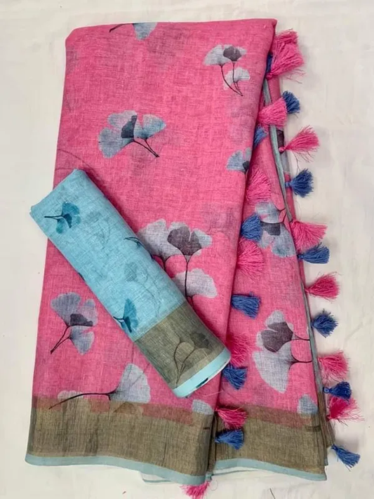 Ravishing Pink Color Cotton Linen Saree With Unstitched Blouse Piece For Women