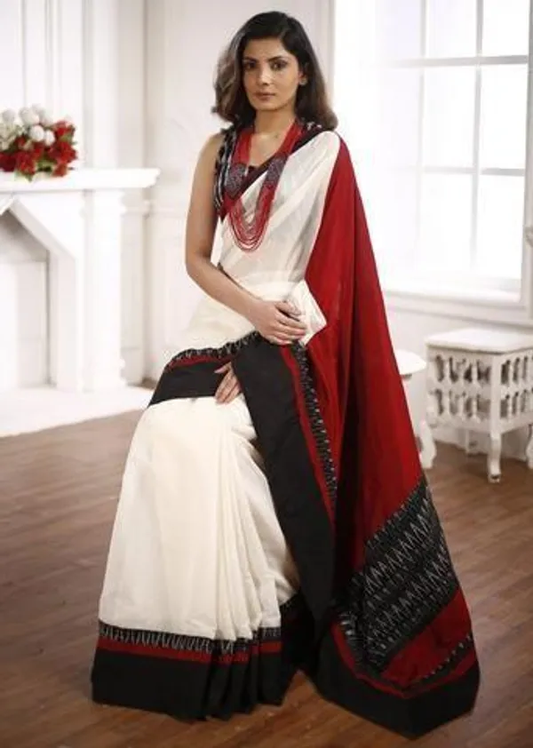 Mesmerizing Red and White Color Cotton Linen Saree With Unstitched Blouse Piece For Women