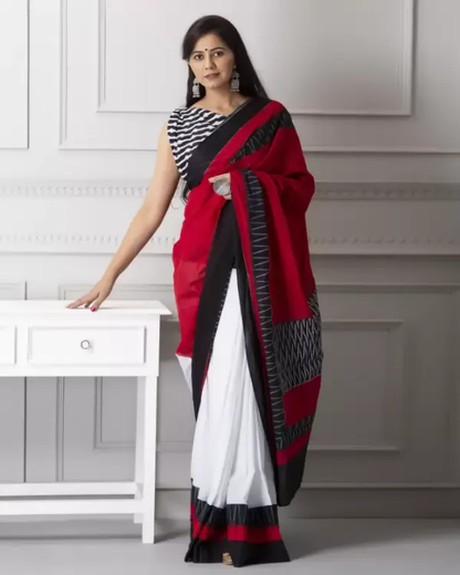 Mesmerizing Red and White Color Cotton Linen Saree With Unstitched Blouse Piece For Women